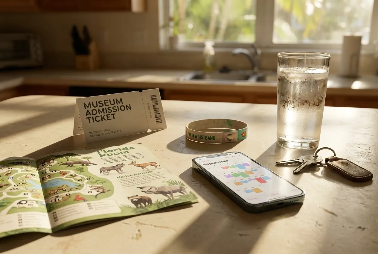 A timed-entry museum ticket printed on white card stock rests on a wooden table beside a child's colorful craft supplies and a September events calendar page