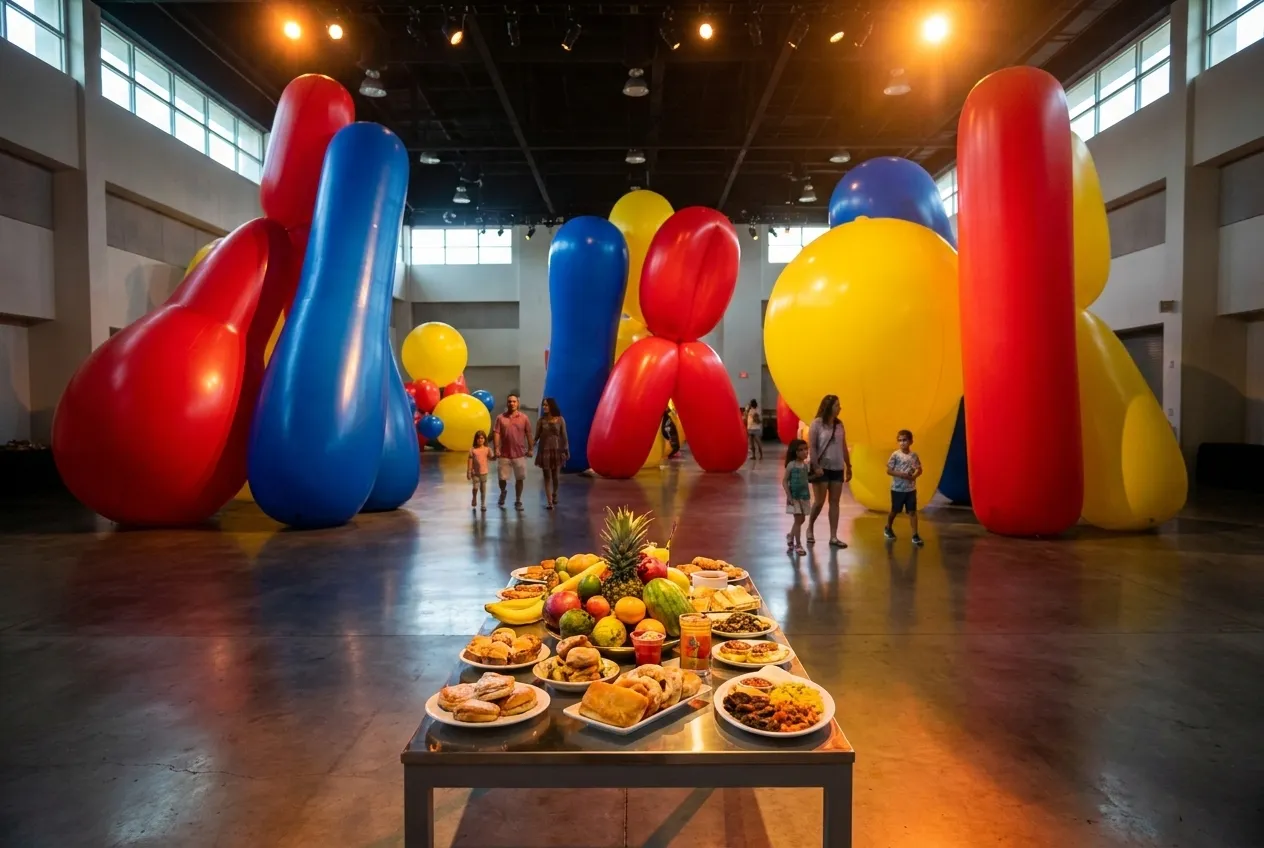 Bright inflatable sculptures in neon pink and yellow fill a darkened exhibition hall with reflective floors and colored spotlights creating a surreal family-friendly gallery space