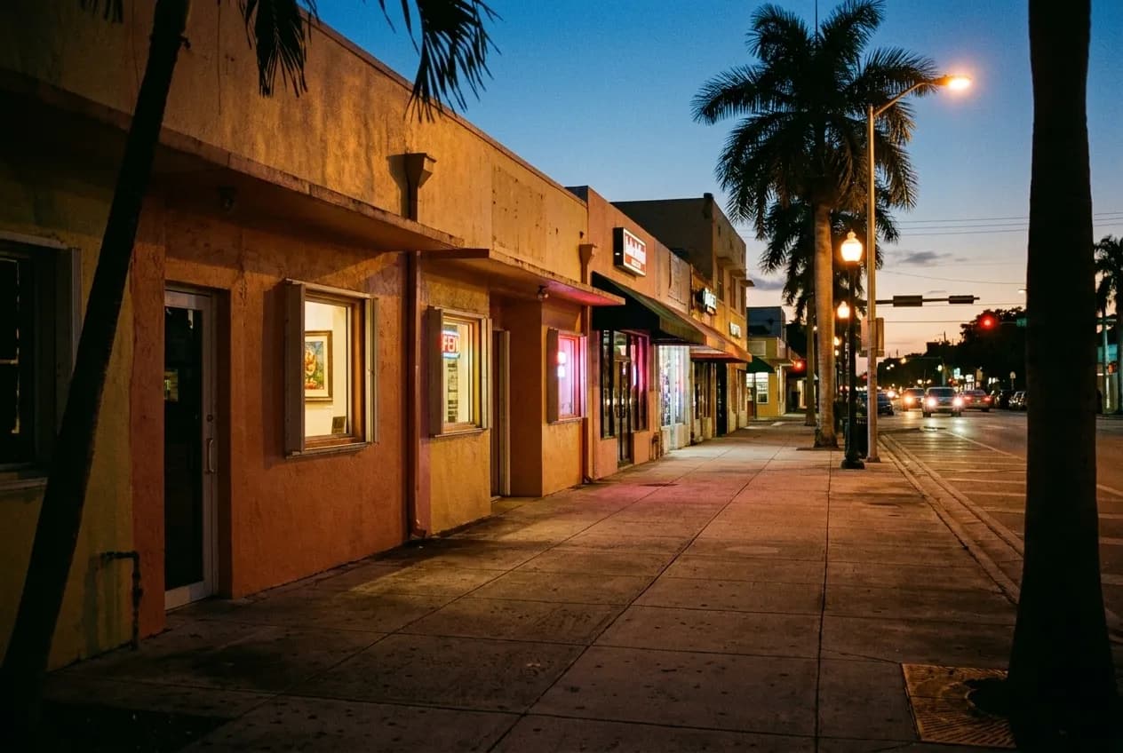 A quiet stretch of Calle Ocho in Little Havana at dusk, with low storefronts, palm trees and warm streetlights illuminating painted walls and empty sidewalk before evening crowds arrive.