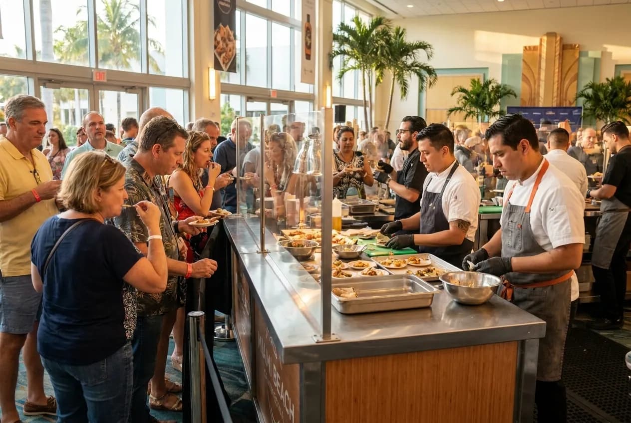 Indoor festival tasting station inside Miami Beach Convention Center, with branded booths, refrigerated displays and carpeted aisles under bright ceiling lights, attendees sampling at long counters.
