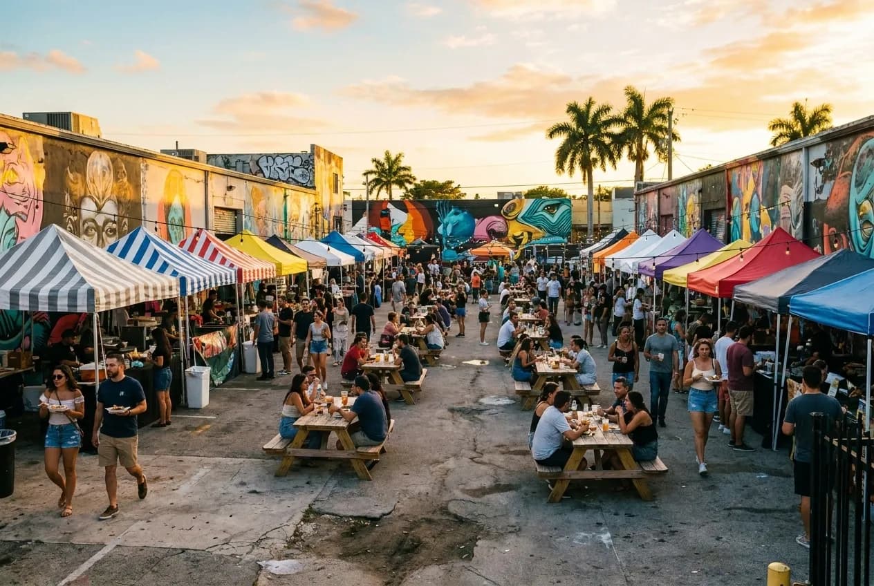 Wide view of Wynwood's mural-covered warehouse facades and open-air food-market stalls under late-afternoon light, with strings of lights overhead and crowds moving between vendor tents across a concrete plaza.
