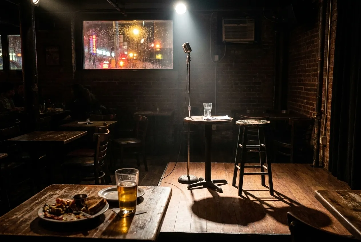 A compact comedy club stage under low spotlight, tight tables arranged close to the microphone stand, and dark walls framing the performance space in a basement-style room.