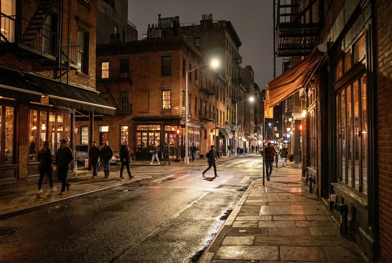 A narrow Greenwich Village street corner at night with bar light spilling onto the sidewalk, pedestrians passing under awnings, and warm interior glow visible through storefront windows.