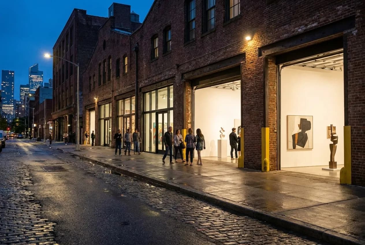 Chelsea gallery district at twilight, industrial brick warehouse blocks with large glass doors open, warm interior light spilling onto wide sidewalks dotted with visitors.