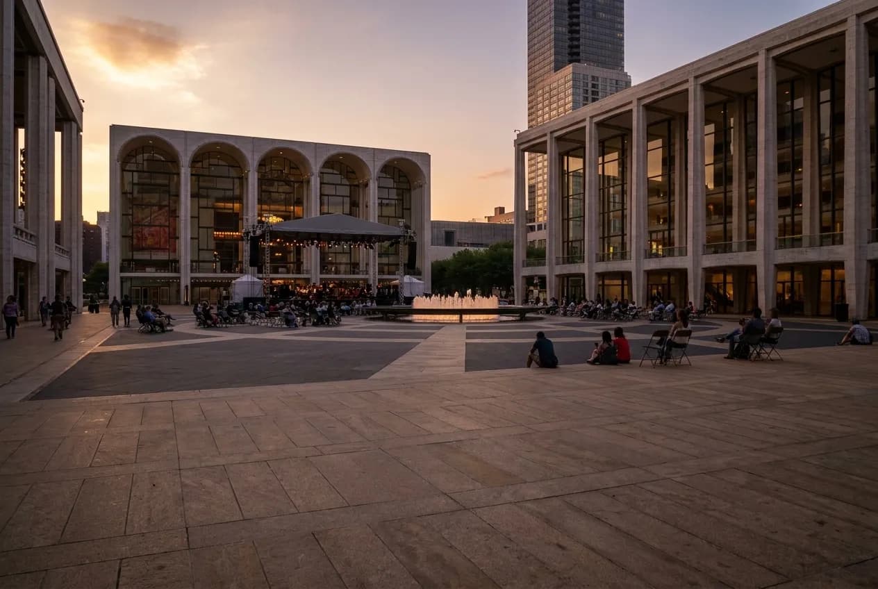 Wide stone plaza at Lincoln Center at dusk, temporary stage lit against glass performance halls, fountain and broad steps filled with people under evening sky.