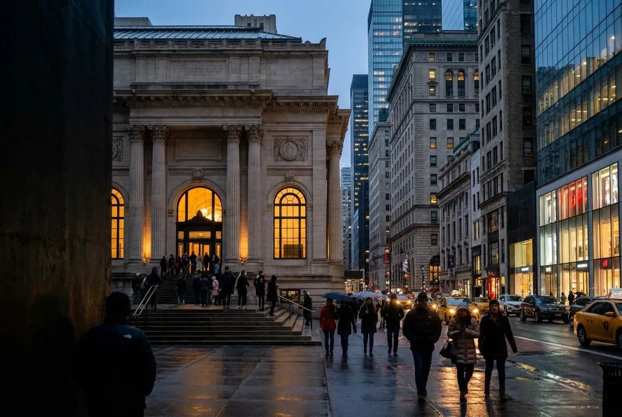 A Beaux-Arts museum facade on Fifth Avenue at dusk with broad entrance steps, limestone columns, and warm interior light spilling onto the sidewalk.