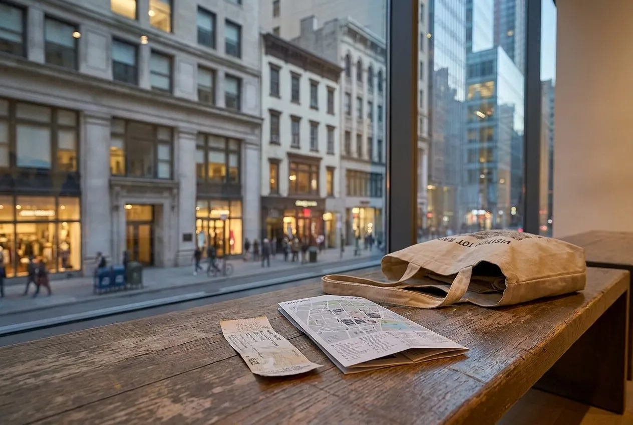 A museum admission ticket on a wooden gallery bench beside a folded exhibition map and a visitor tote bag in soft gallery light.