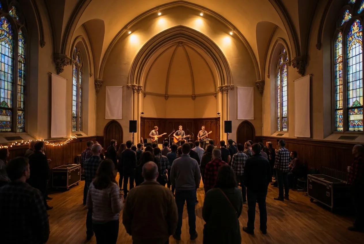 A small concert room with arched ceilings and stained glass windows lit for a performance