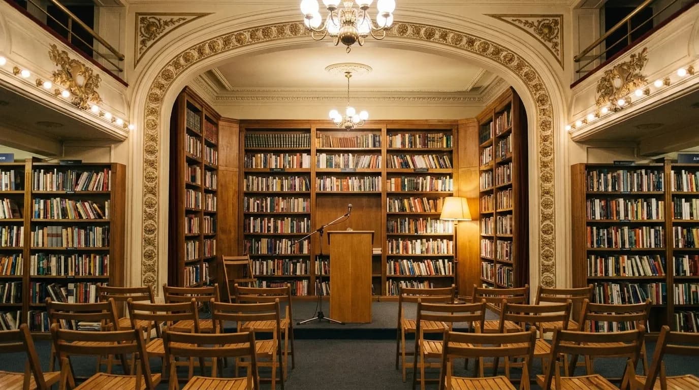 A bookshop event space with rows of folding chairs facing a small lectern and shelves behind