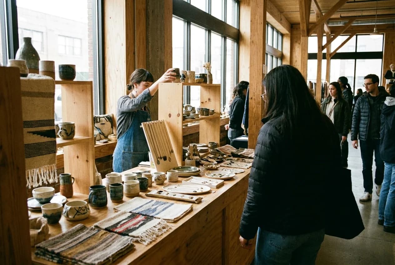 Vendor counter at Artists & Fleas Williamsburg with handmade goods on display
