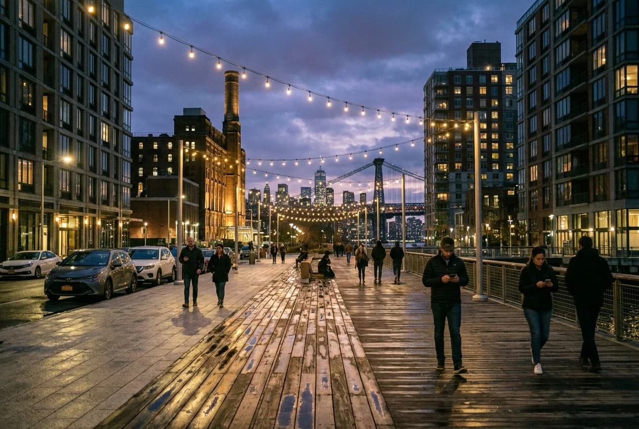 Domino Park plaza at dusk with Manhattan skyline across the East River