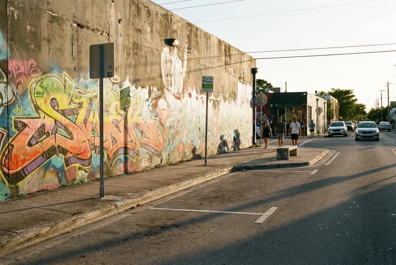 Spray-painted mural on concrete wall beside street parking space on Northwest 27th Street