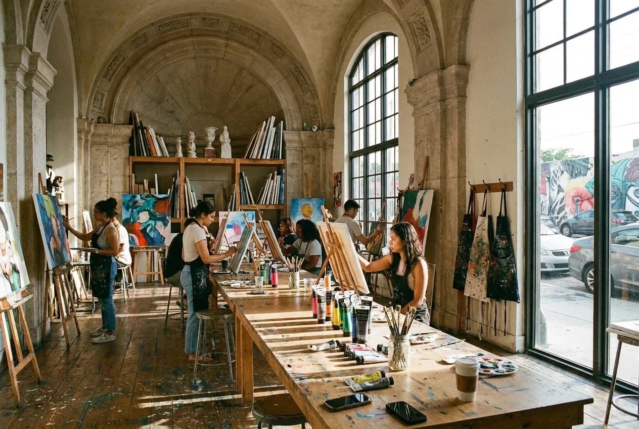 Art studio interior with canvases on easels, paint supplies, and aprons hanging near industrial windows