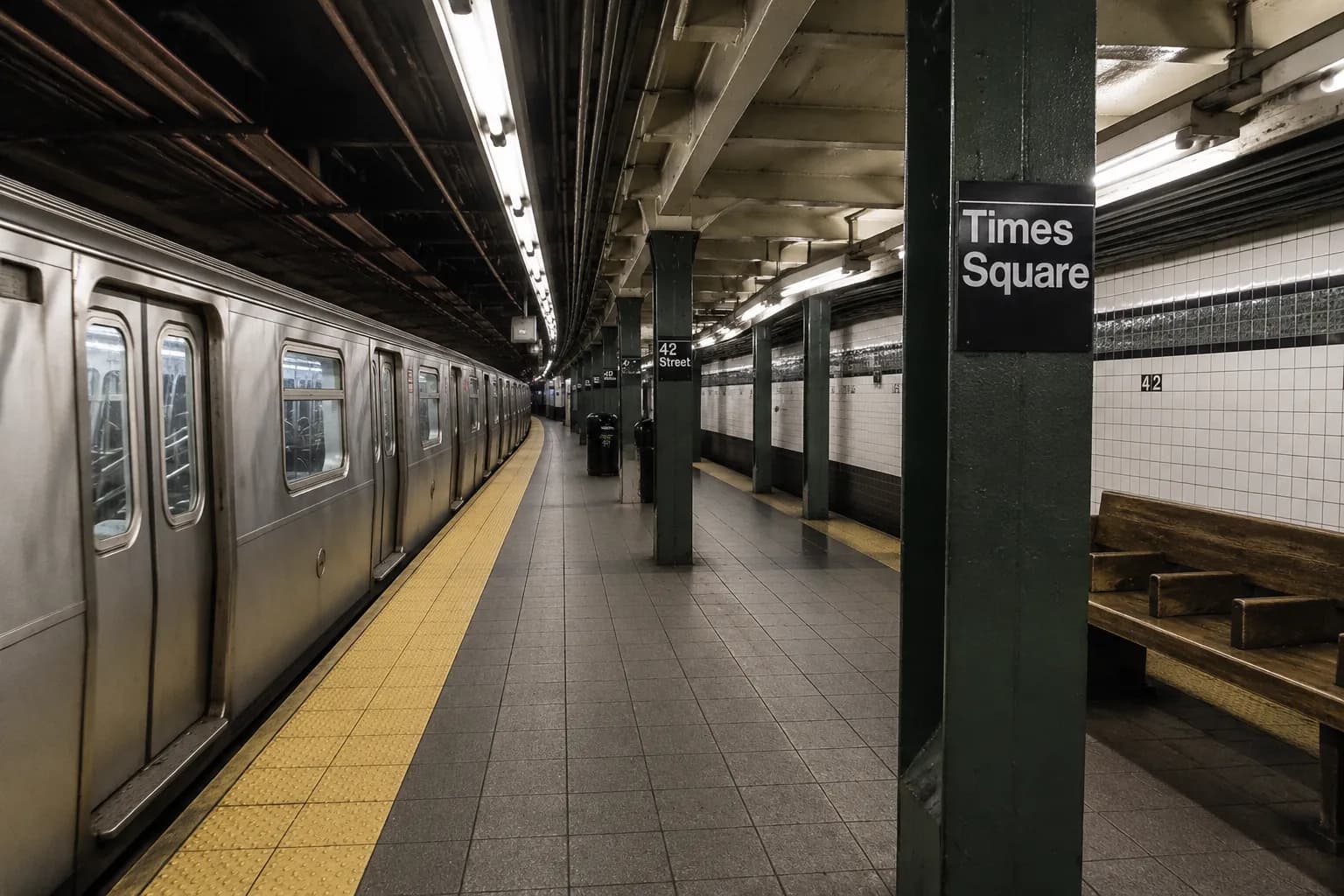 Times Square-42nd Street subway platform with train arriving, Manhattan transit hub