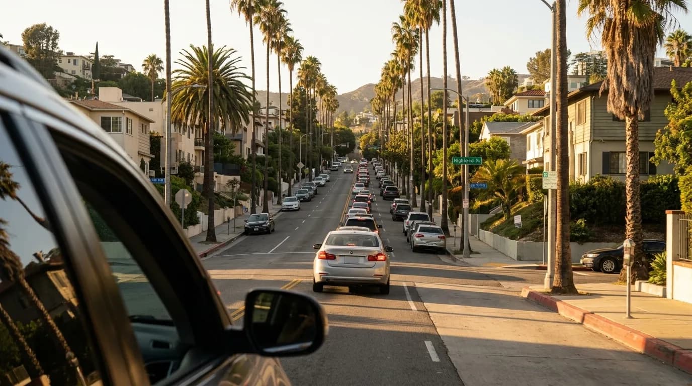 Highland Avenue in Hollywood showing the uphill approach with palm trees and queued traffic in afternoon light