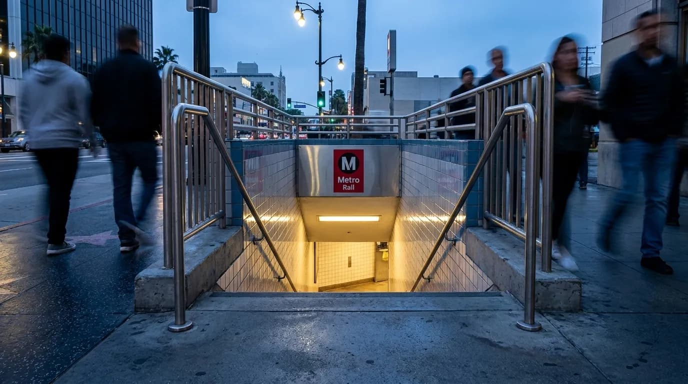 Hollywood/Vine Metro Red Line station entrance with stairs descending below street level in early evening light