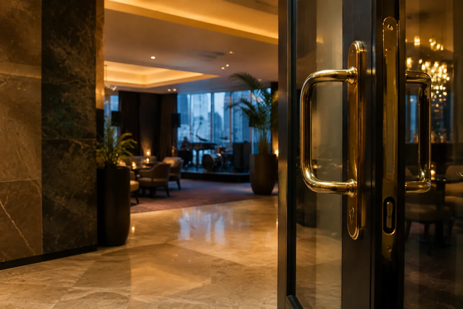 Hotel lounge entrance in Brickell with polished marble floor and warm interior lighting