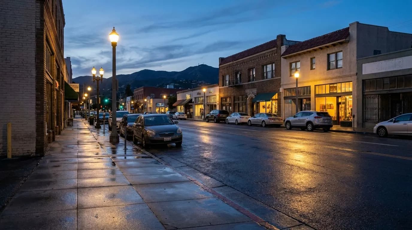 York Boulevard in Highland Park at dusk with storefronts and parked cars