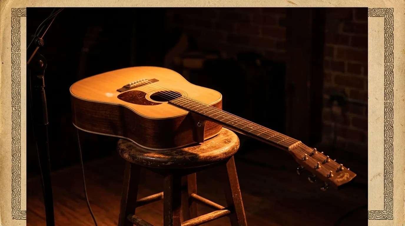 Acoustic guitar on stage in small Los Angeles music venue