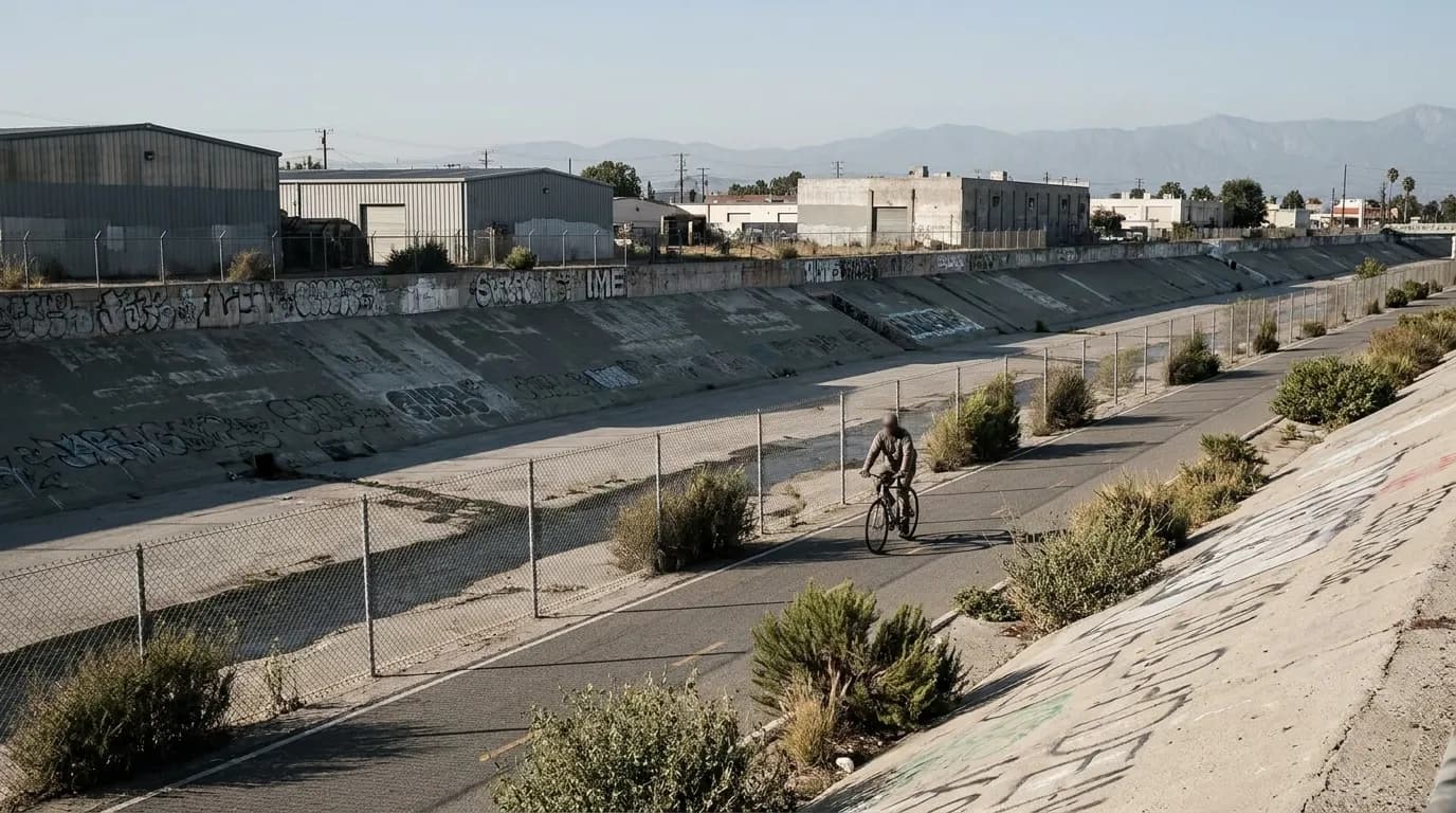LA River walking path in Frogtown with cyclist and concrete channel