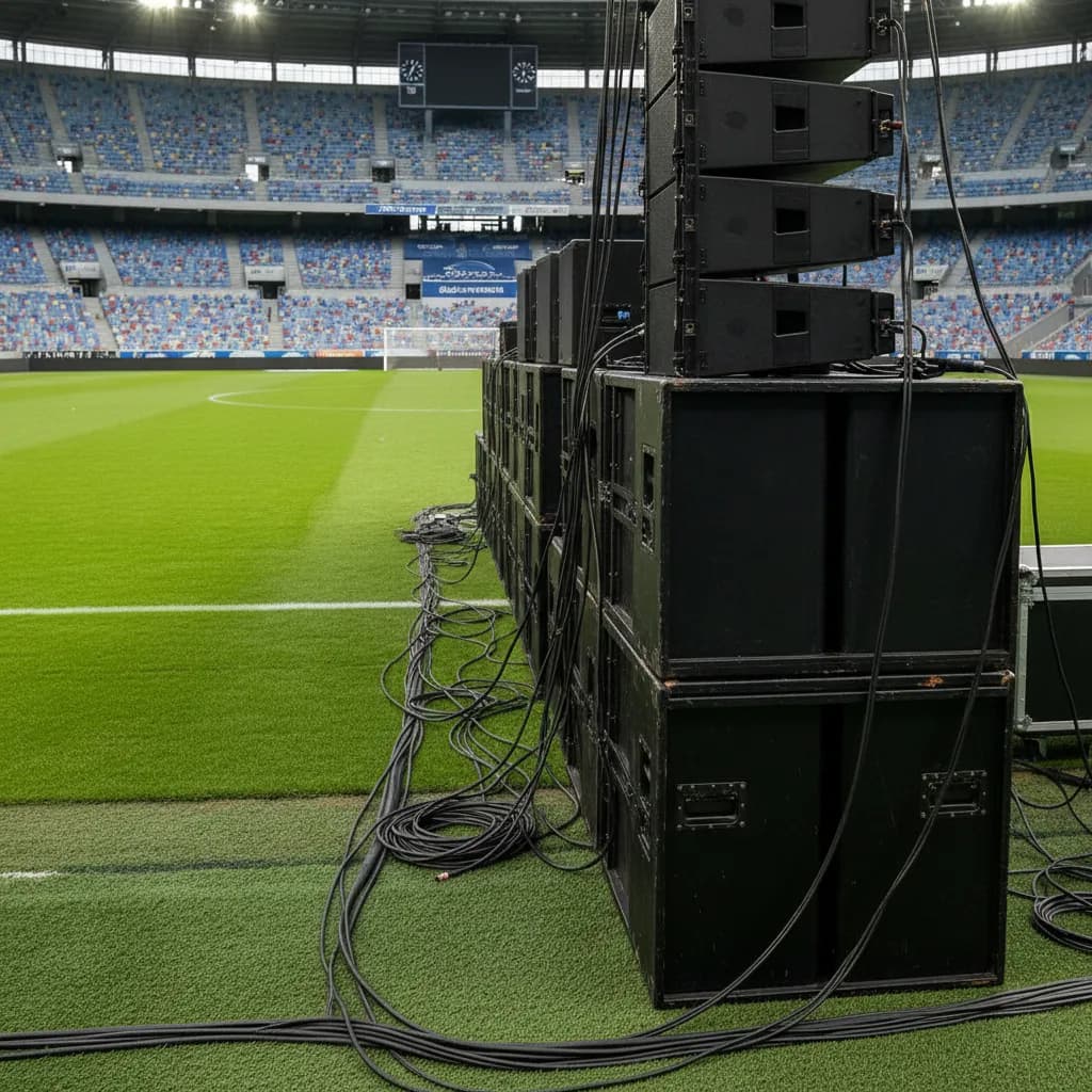 A large concert speaker stack sits on the sideline of a soccer stadium before a performance