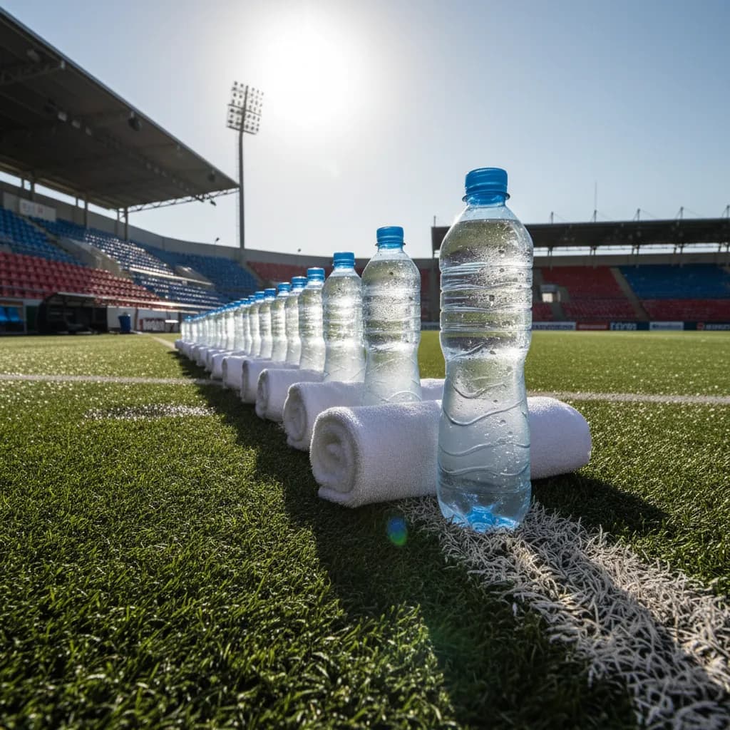 Water bottles and ice towels along the touchline in the heat
