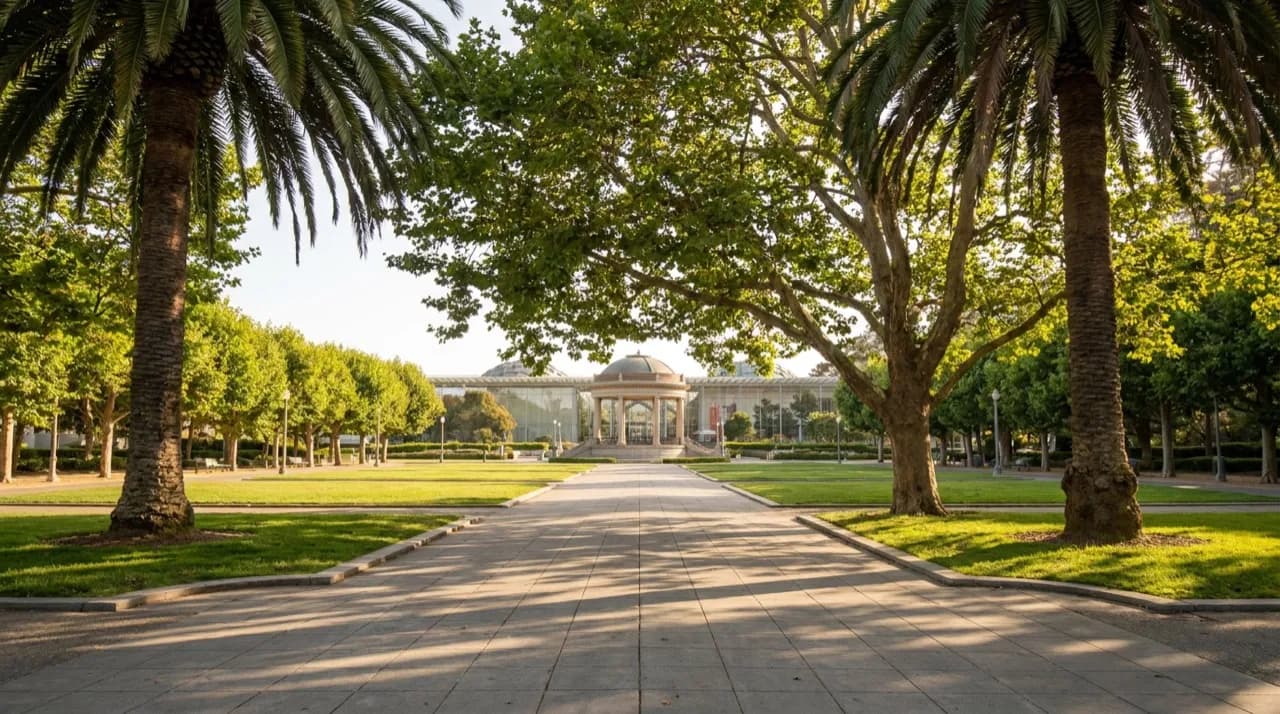Music Concourse pedestrian plaza connecting California Academy of Sciences and de Young Museum at sunset