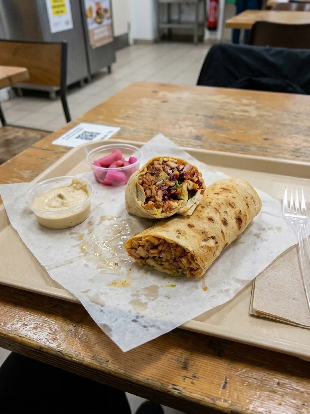 A shawarma wrap cut in half on greaseproof paper beside small tubs of hummus and pickles on a cafeteria tray