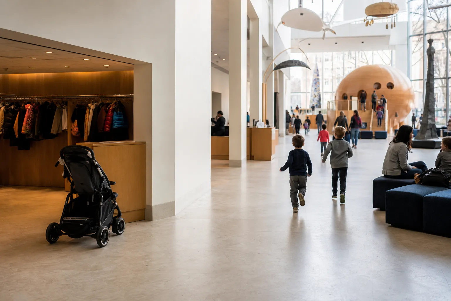 Bright museum lobby with room for strollers