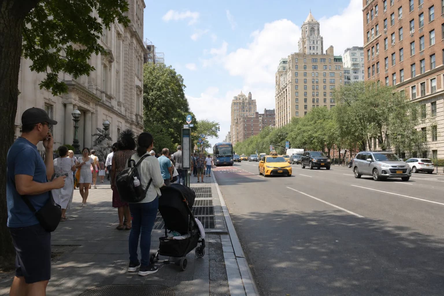 Crosstown bus stop on the Upper West Side near a museum
