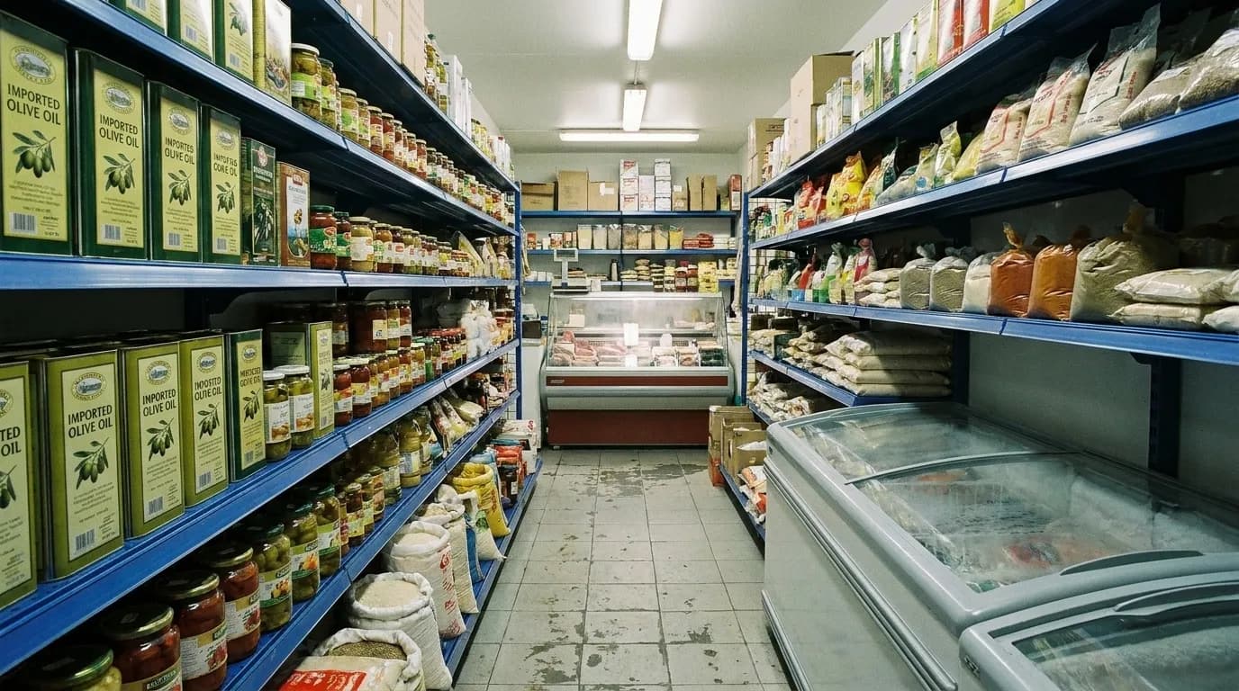 A narrow market aisle stacked with imported groceries, olive oil tins and sacks of rice, with a small deli counter visible at the far end