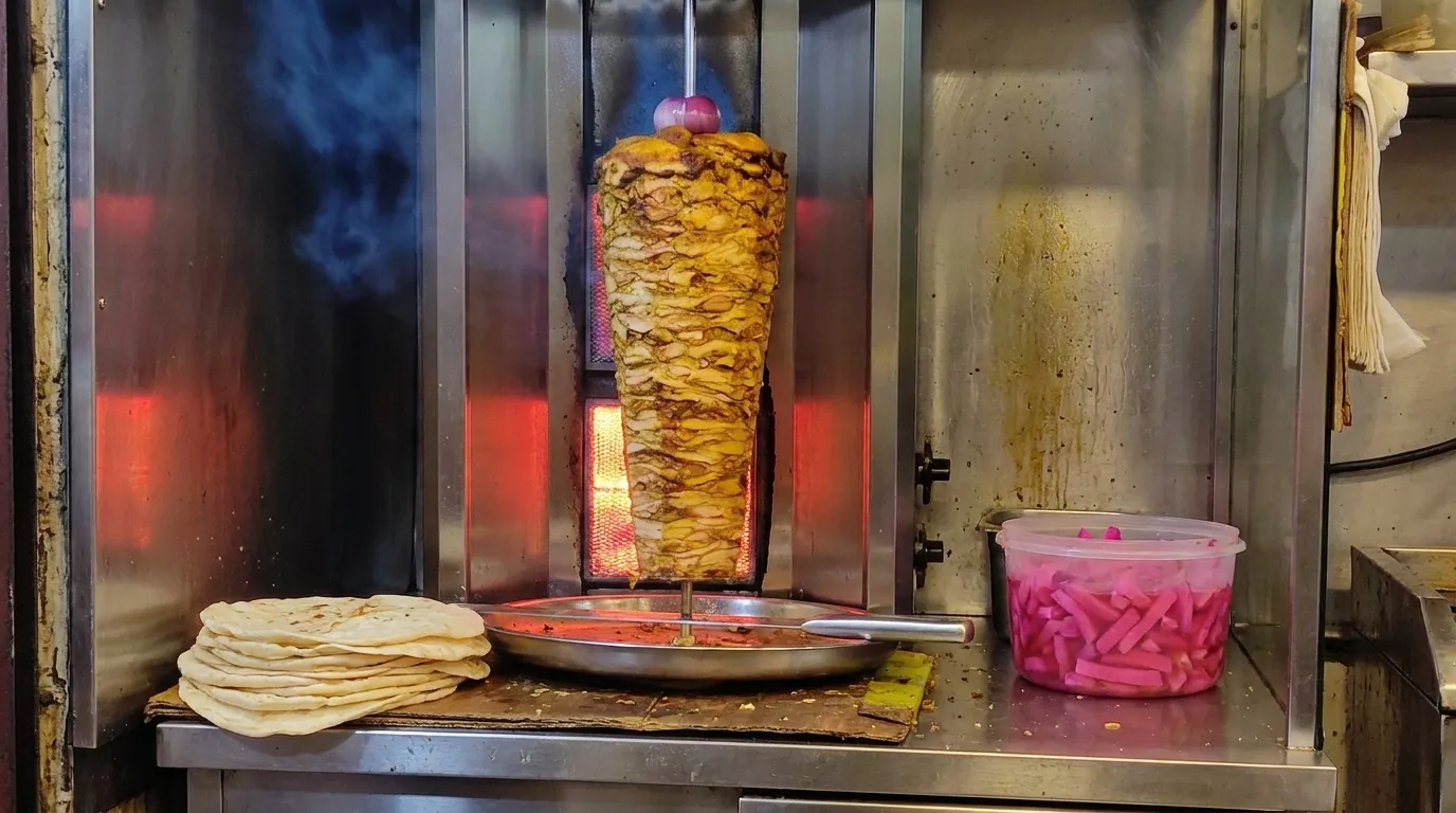 A vertical rotisserie spit of stacked marinated meat behind a counter, with a long knife resting on the guard and flatbread stacked to one side