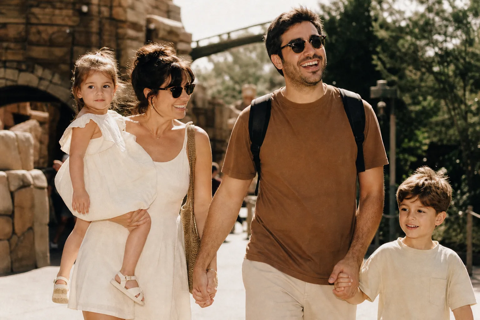 A family walking together along a path at an outdoor attraction