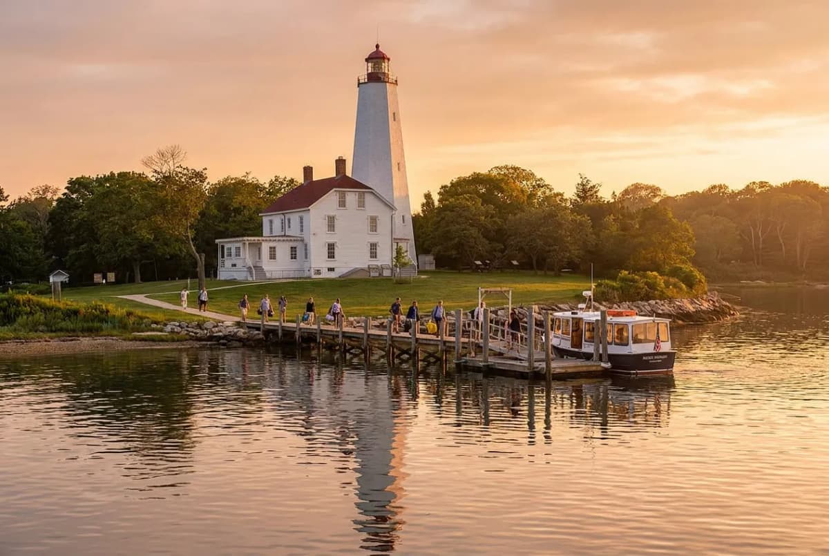 A coastal lighthouse and calm bay near a ferry landing at golden hour with a few passengers disembarking