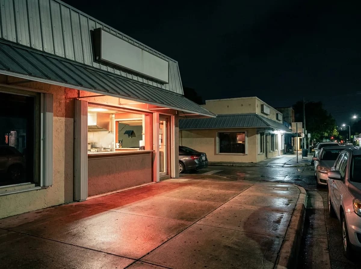 A low Little Havana street at night with painted stucco shopfronts and warm light spilling from an open serving window