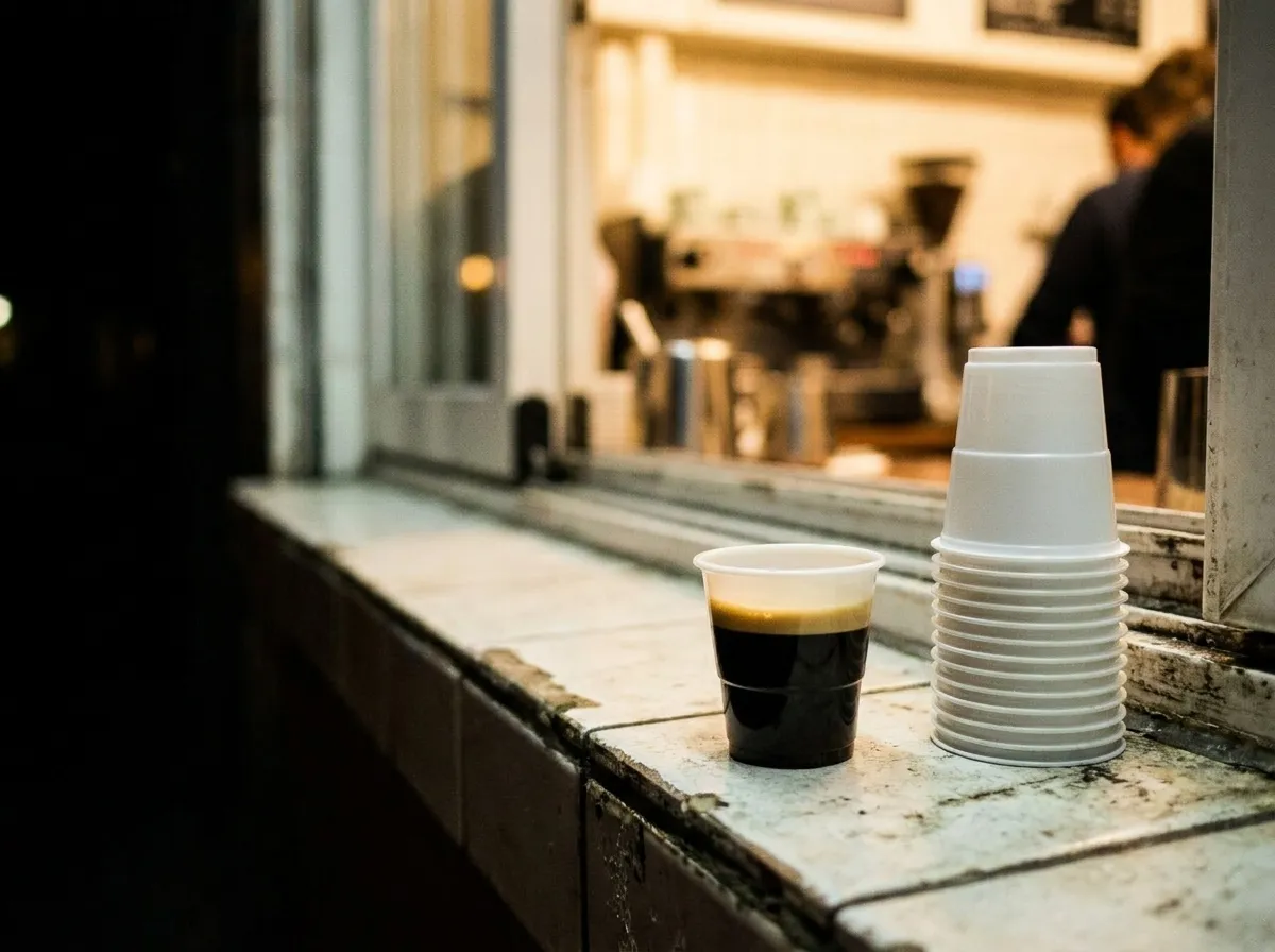 A tiny cup of dark Cuban coffee on a narrow ledge beside a walk-up service window at night