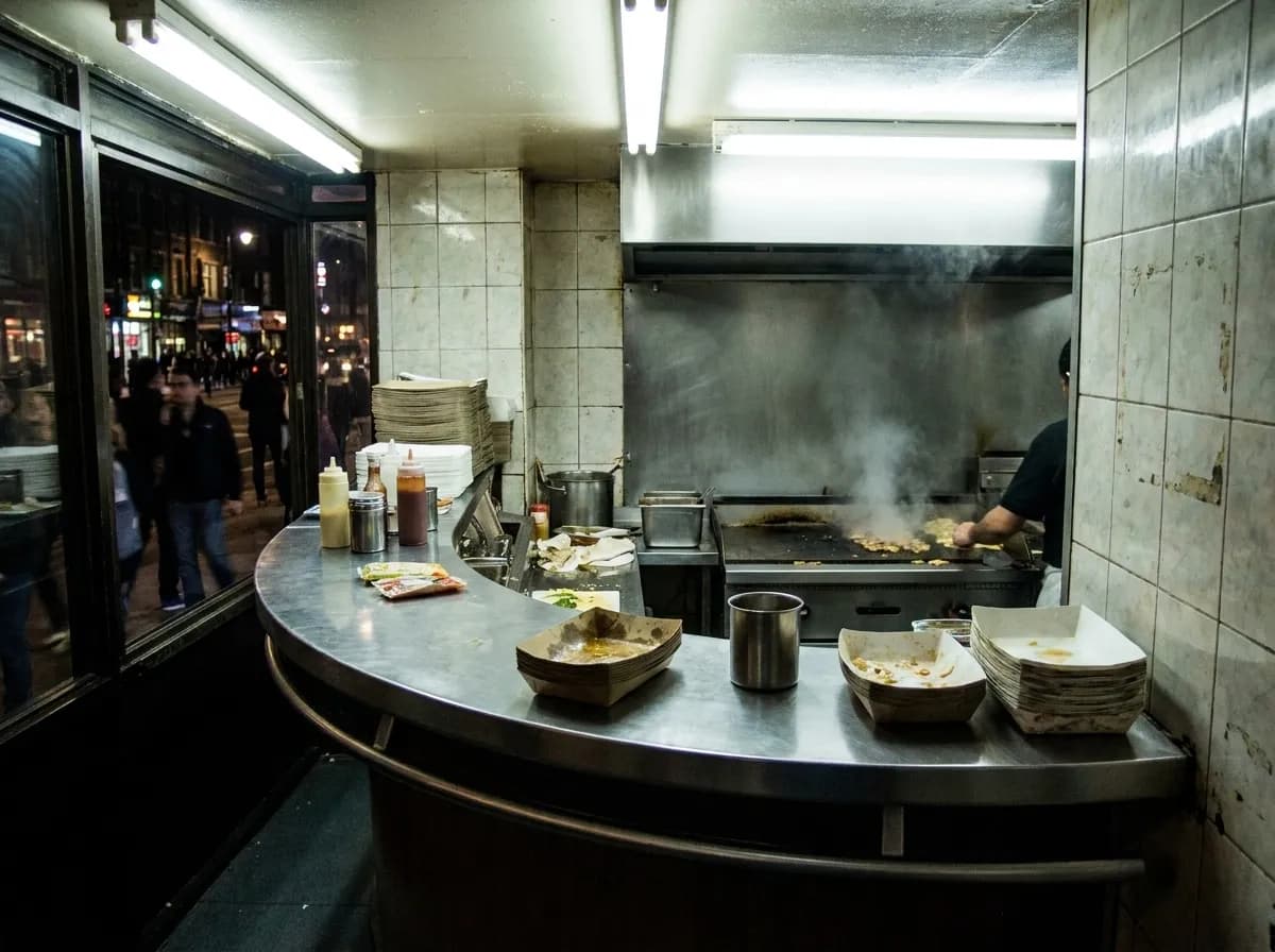 A narrow late-night takeaway counter under bright fluorescent light with a griddle behind and a dark street through the window