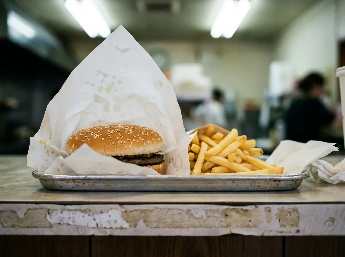 A burger and fries on a paper-lined tray on a worn diner counter under bright overhead light at night