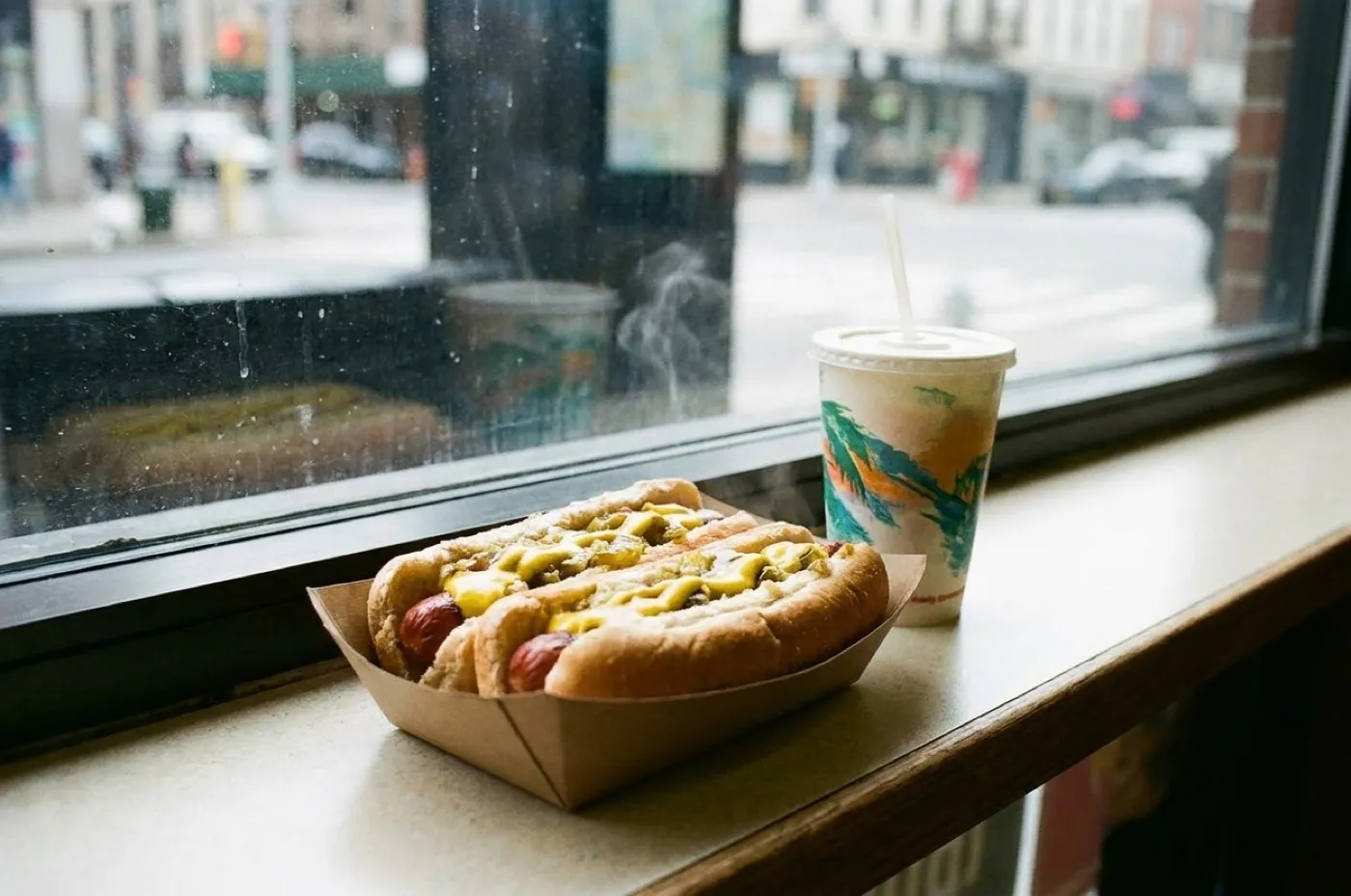Two hot dogs with mustard and onion sauce on a paper tray beside a paper cup of tropical drink on a narrow window ledge