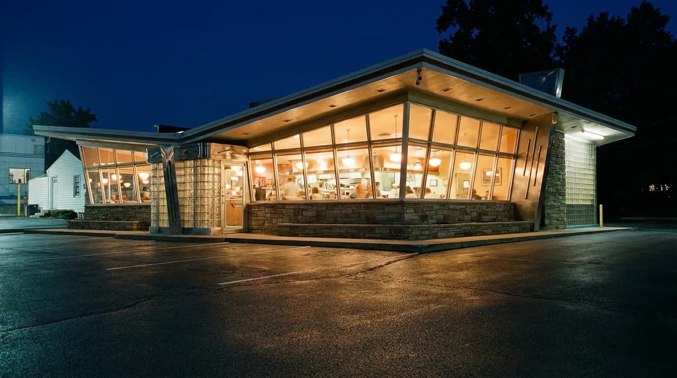 An angular 1960s Googie-style roadside diner at night with glowing plate-glass windows and an empty asphalt lot