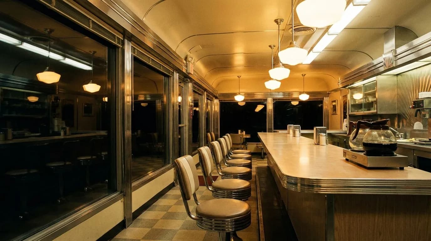 A 1960s American diner interior at night with a counter, stools and warm light against dark windows