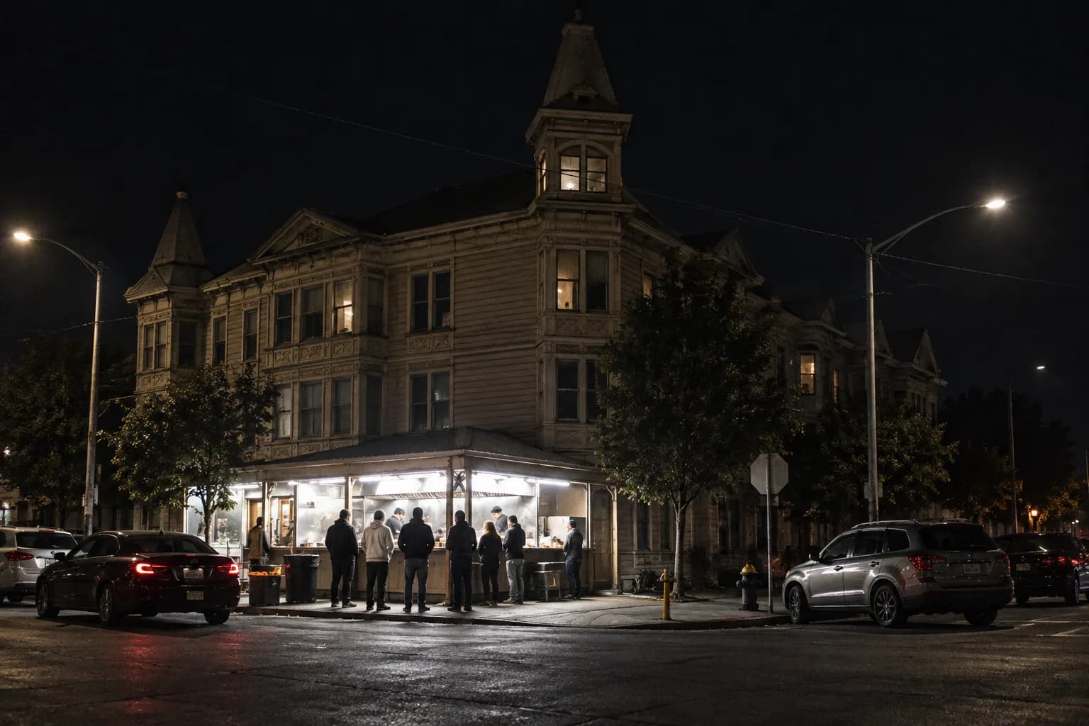 A tiny open-sided food stand on a corner lot lit hard from within in the small hours, a scattered queue outside and cars parked at angles