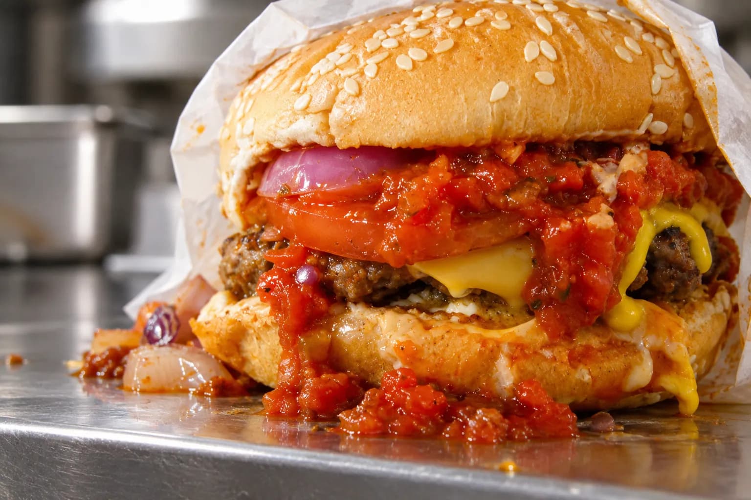 A burger half-unwrapped from white paper with loose chili spilling over the patty, tomato and mustard visible, on a stainless shelf