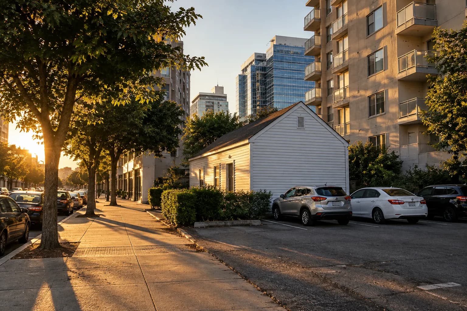 A small white clapboard building with a pitched roof dwarfed by taller blocks behind it, a few cars in a small lot in warm late light