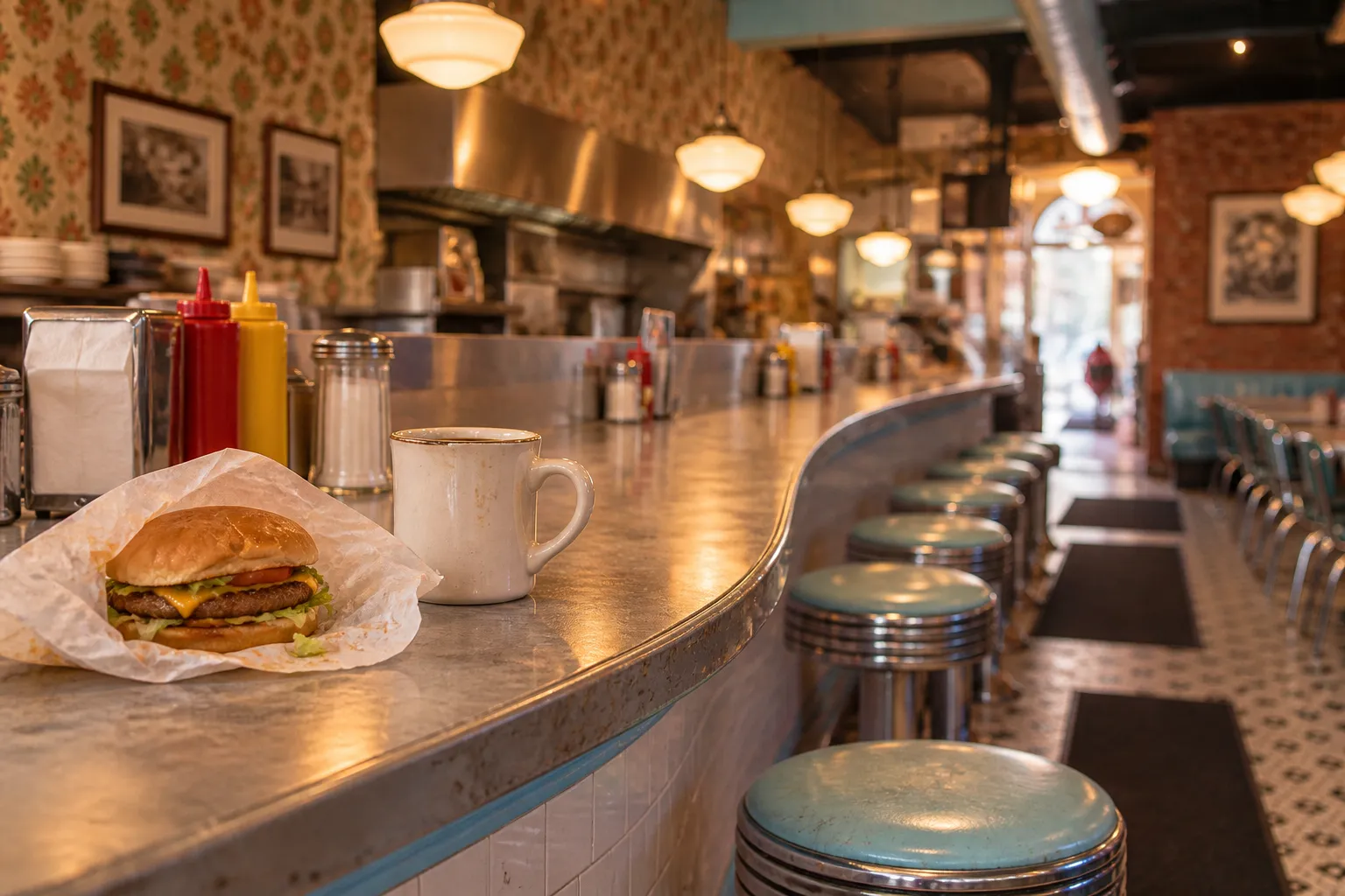 A curving lunch counter with fixed round stools, a paper-wrapped burger and a mug of coffee in the foreground and patterned wallpaper behind