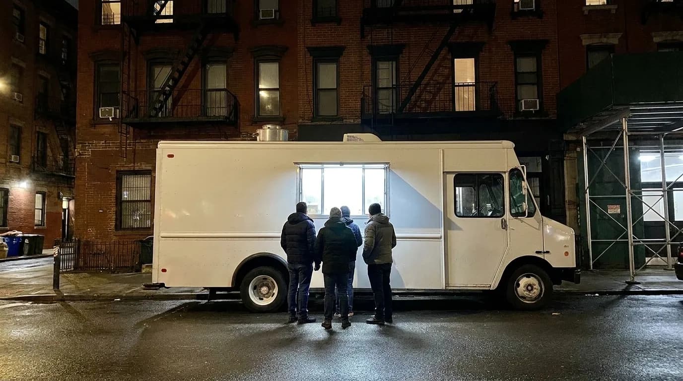 A plain white food truck with a lit service window parked on a wet Lower East Side street after midnight, four people waiting with their backs to the camera