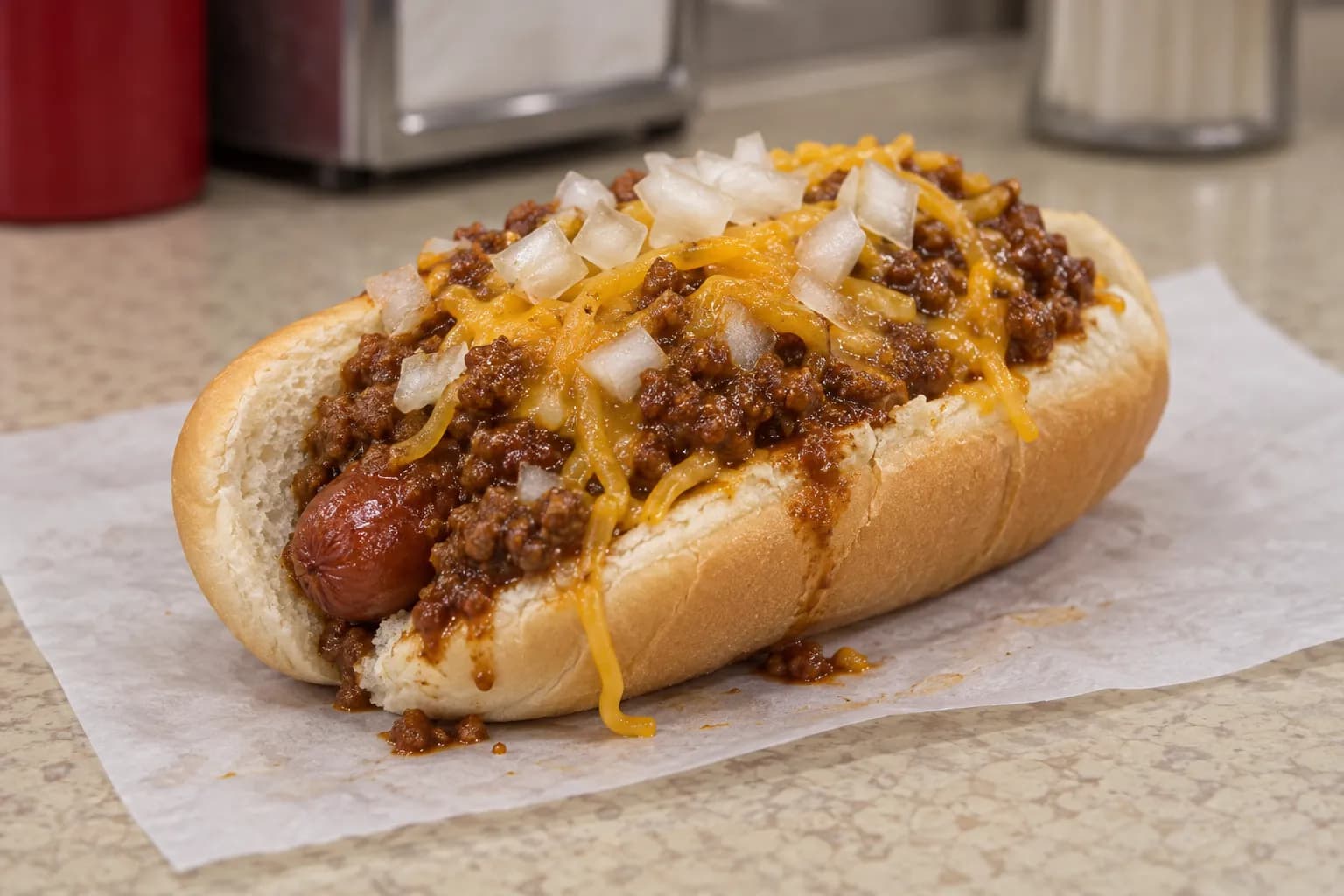 A hot dog heaped with fine brown chili, melting shredded cheese and raw chopped onion on a paper sheet on a formica counter