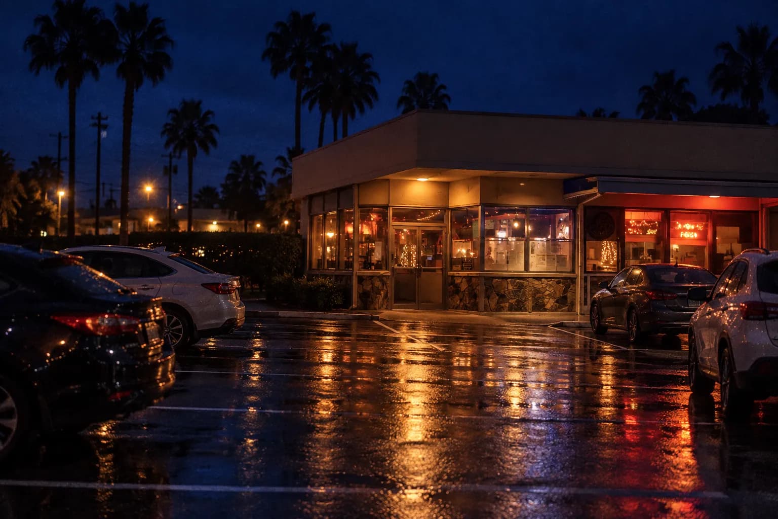 A low restaurant behind its own car park in the small hours, its windows the brightest thing in frame, wet tarmac and black palms against navy sky
