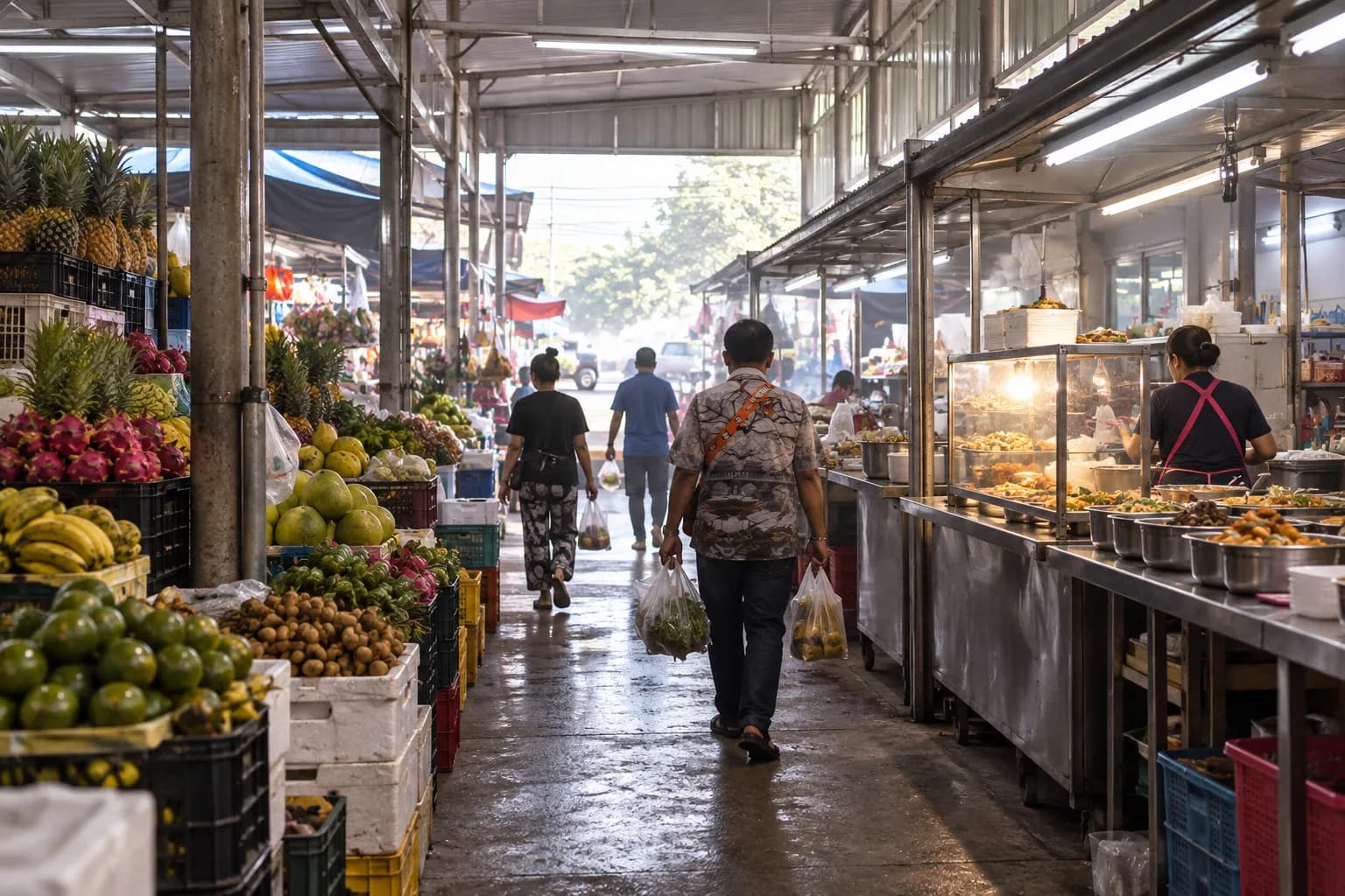A covered open-air market aisle in late morning, tropical fruit crates stacked on one side and a hot food counter under strip lights opposite