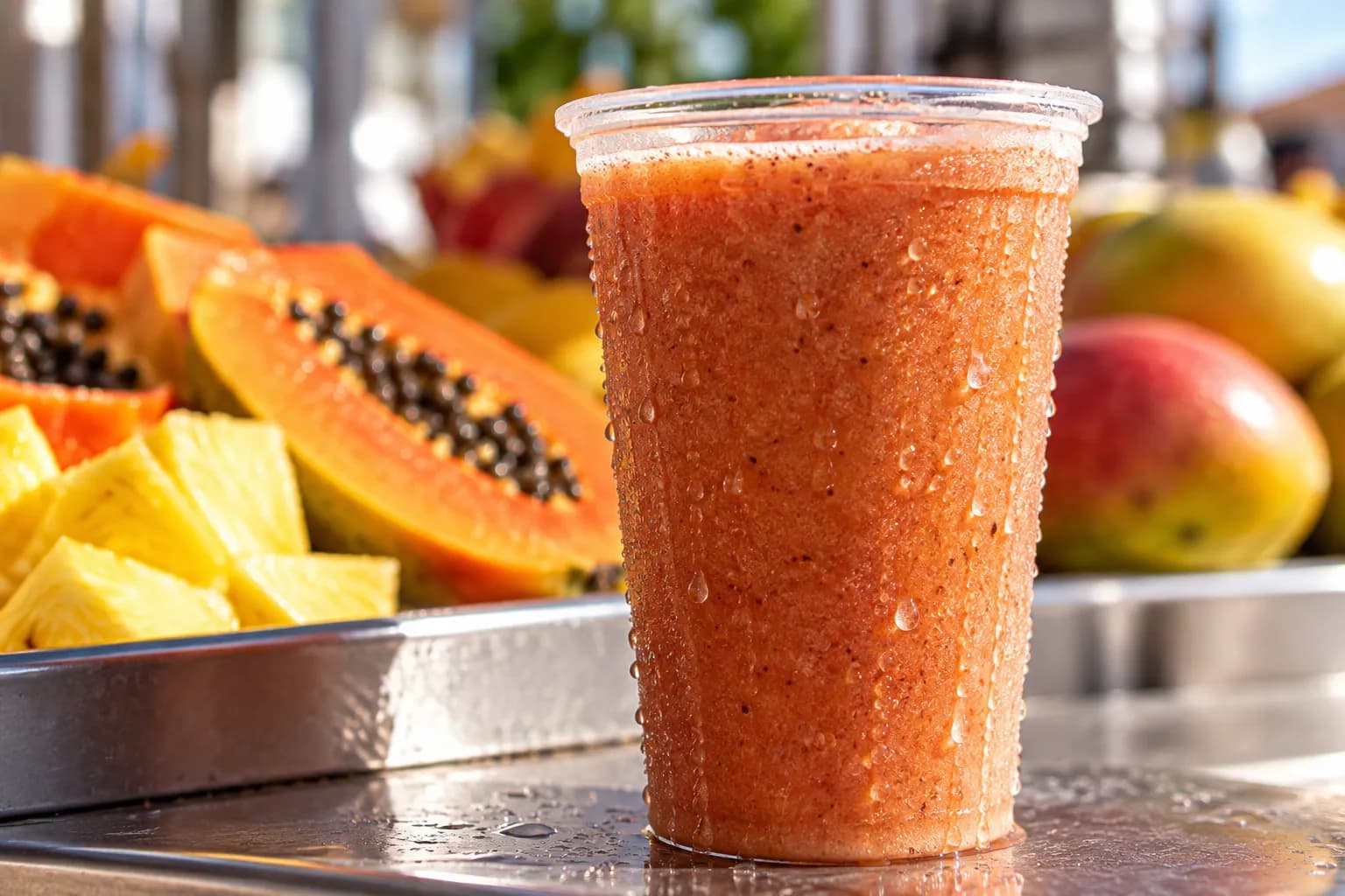 A tall plastic cup of thick russet-orange fruit shake with heavy condensation on a steel market counter, cut tropical fruit blurred behind
